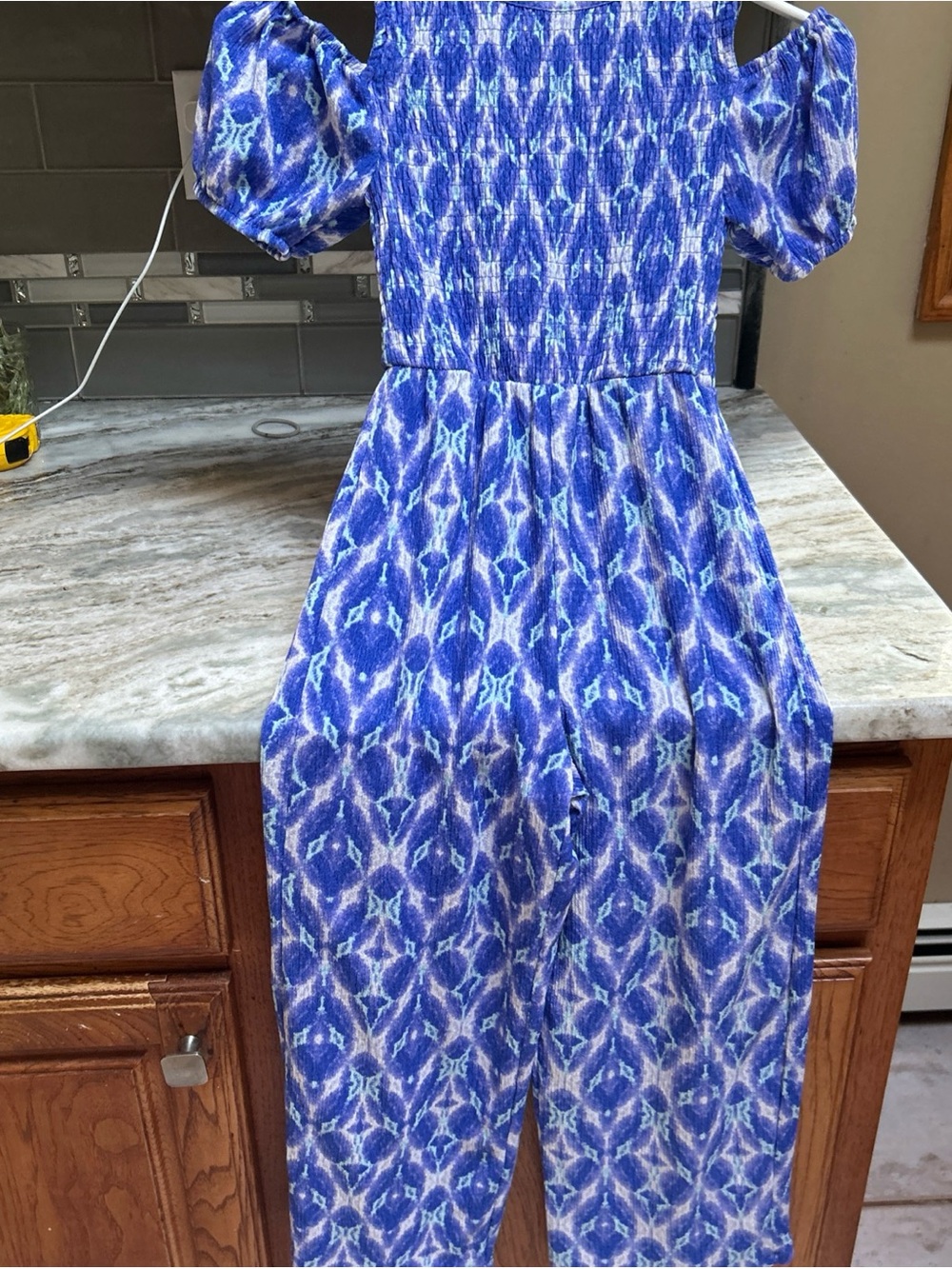 Zara Girls Sleeveless  Sz 8 Blue Smocked Patterned Multicolor Jumpsuit